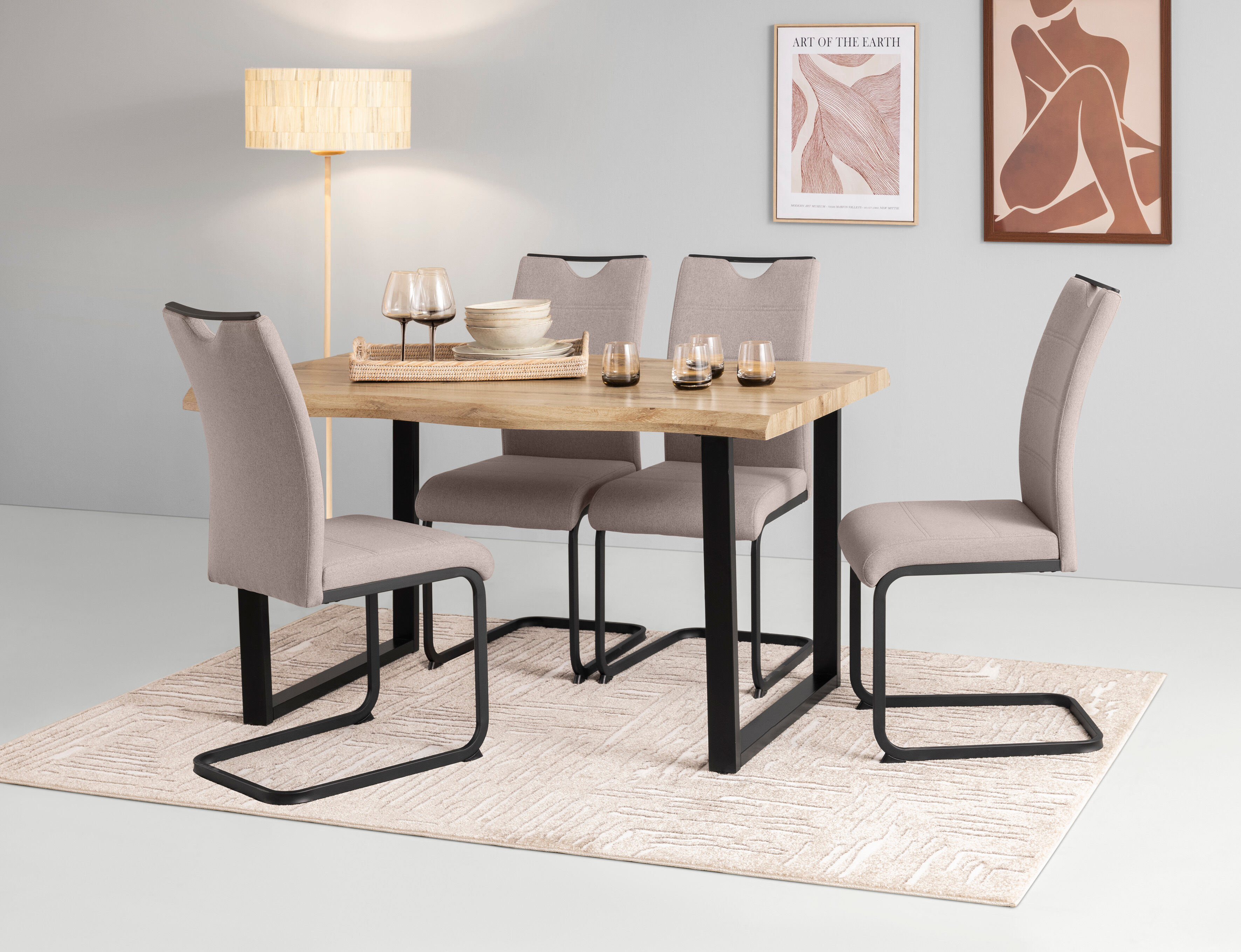 Essgruppe HELA "GISELLE Esszimmer, Essgruppe, Sitzgruppe", braun (wildeiche, schlamm, schlamm, schwarz), Sitzmöbel-Sets, Essgruppe, Esstisch U-Gestell Metall, Tischplatte mit Baumkante, OTTOs Choice wildeiche, schlamm, schlamm, schwarz Einheitsgröße