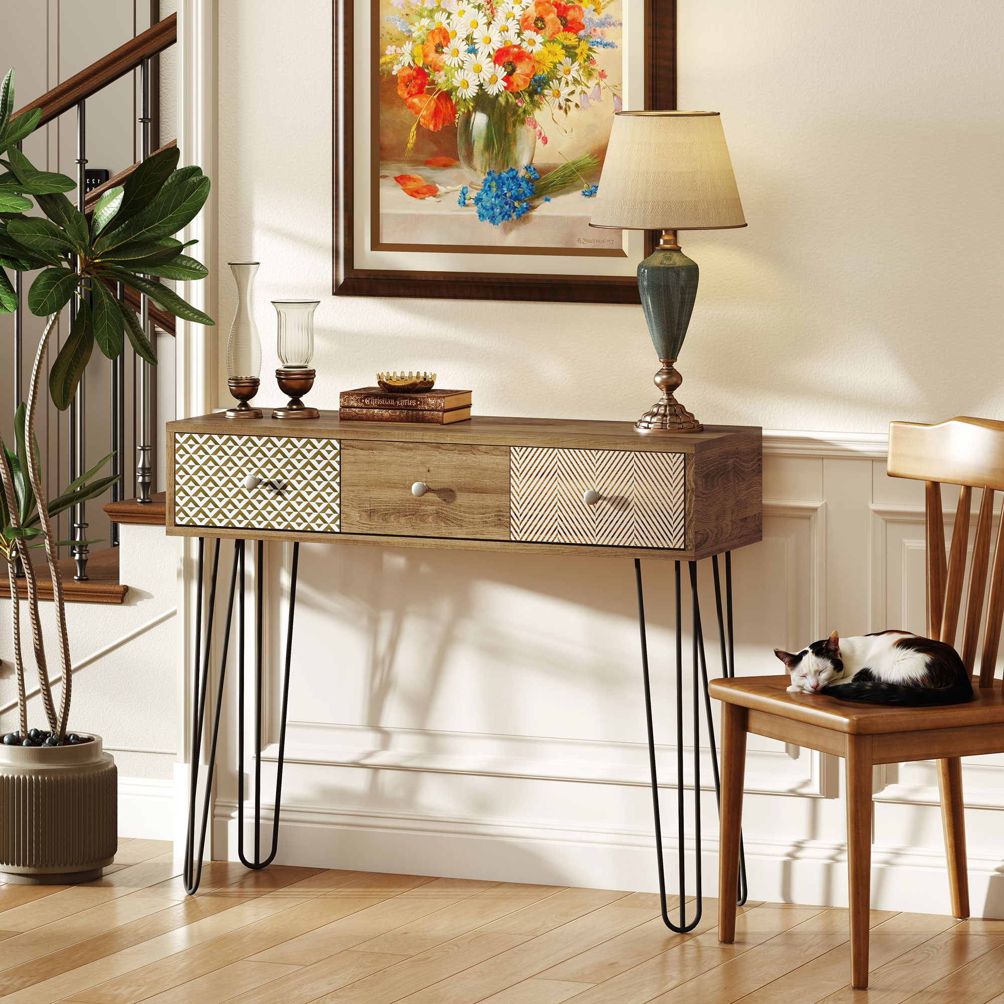 Homcom Tavolo Consolle con 3 Cassetti e Gambe in Acciaio, Stile Bohemien, Legno Naturale   Aosom Italy