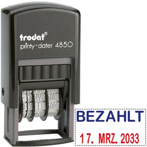 Trodat Datumstempel Printy 4850/L2, rot/blau, selbstfärbend, Abdruck 25 x 13 mm, Schrifthöhe 3,8 mm, mit Lagertext: Bezahlt