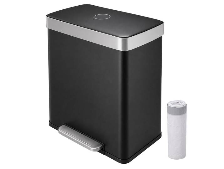 Relaxdays Mülleimer Schwarz 2x30 l Pedal 2-Fächer, Metall, Kunststoff, 58x60.5x35.5 cm, Badaccessoires, Abfalleimer