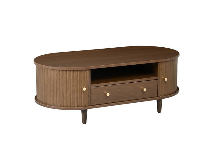 Urban Meuble Couchtisch Ovales Design mit Rolltür & Schublade, Walnussfarben, 100x36x50 cm, Wohnzimmer, Wohnzimmertische, Couchtische