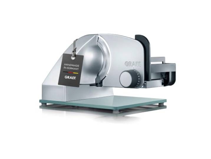 GRAEF Master M20 Elektrischer Allesschneider, Made in Germany, Vollmetall Vollstahlmesser Ø 170 mm für feinste Schnitte, Schnittstärke 0-20 mm, Kondensatormotor 170 Watt, Brotschneidemaschine, Silber