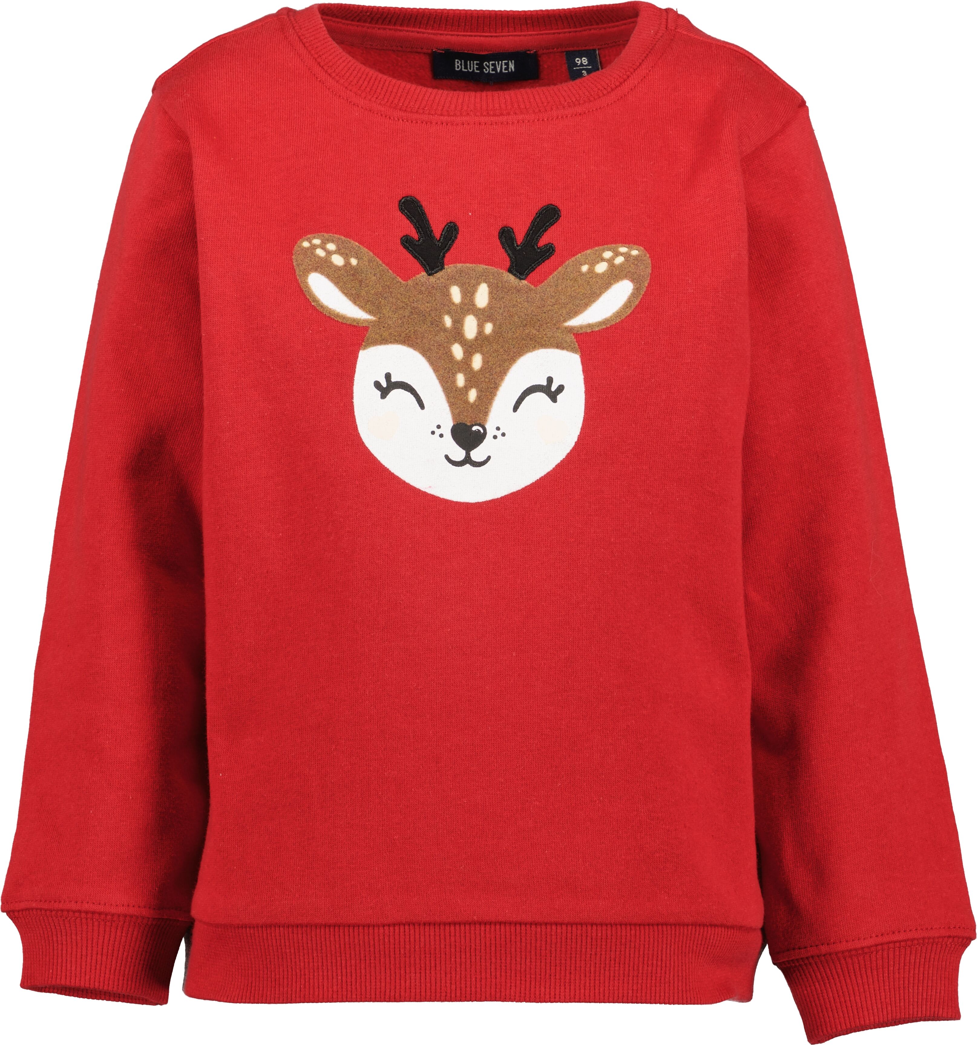 Sweatshirt BLUE SEVEN, Mädchen, Gr. 98, hoch rot ao, angeraute Sweatware, Obermaterial: 100% Baumwolle, regular fit normal, Rundhals, Rippbündchen, Sweatshirts Sweatshirt, mit weihnachtlichen Motiven hoch rot ao 98