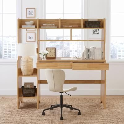 WILK Solid Wood Writing Desk with Hutch, Bookshelf, Drawers and Storage