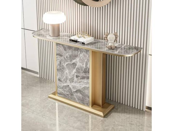 Moderne halbmondförmige Konsole Tisch, wandnaher Akzent-Eingangstisch Sintersteinplatte, platzsparendes Halbmonddesign, italienischer Minimalstil Flurkonsole Tisch(Gold Frame‑E,120cm/47.24 )