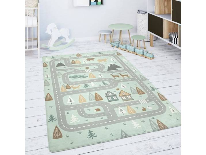 Paco Home Tapis Chambre Enfant Tapis De Jeux Tapis Bébé Route Ours Élan Arbres Vert Gris 155x230 cm