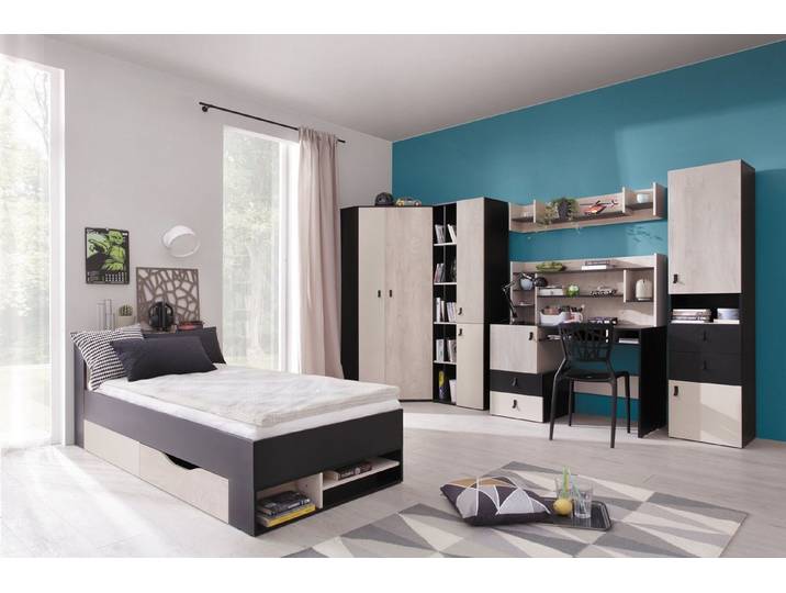 QMM TraumMöbel Jugendzimmer-Set Jugendzimmer komplett Space Set D Eckschrank Regale Bett, (Möbel-Set, 7-tlg., Eckschrank, Regale, Schreibtisch mit Regalaufsatz, Wandregal, Bett), Farbauswahl