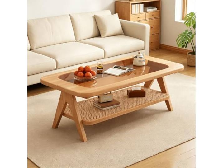 Luxushandgefertigter Couchtisch Massivholz Rattan, Aufbewahrung Couchtisch aus dickem Gummiholz, stabiler Zapfenverbindung, fleckenfest(Natural,39.4x23.6x16.9in)