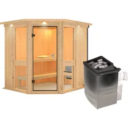 Karibu Amelia 1 - Sauna mit Eckeinstieg 68 mm-9 kW Ofen integr. Steuerung-inkl. Dachkranz