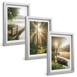BILDER SET 3er Set - 20x30 cm Silberner Rahmen - See, Wald, Boot, Morgennebel