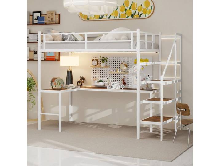 MEULVA Lit mezzanine 90 x 190 cm avec bureau escalier de rangement étagères en métal blanc