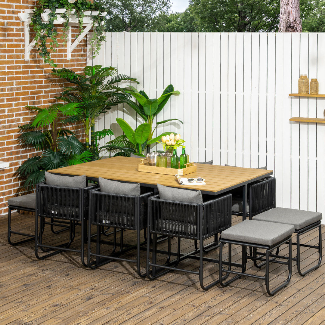 Ebern Designs Jonda 10 Seater Rattan Cube Garden Furniture Set with Cushions Black Brown 8