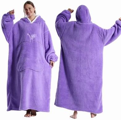 Daily Deals Depot Extra Long Wearable Blankets Winter Flannel Hooded Blanket With Full Sleeves Men Women Cozy Soft Throw Adult TV Blanket purple cloth Length 140cm