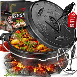 KESSER® Dutch Oven Set BBQ Feuertopf Schmortopf, Gusseisen Topf mit Deckelheber Henkel und Schlitz für Themormeter, kochkessel Grilltopf Gulaschkessel für Oudoor & Indoor