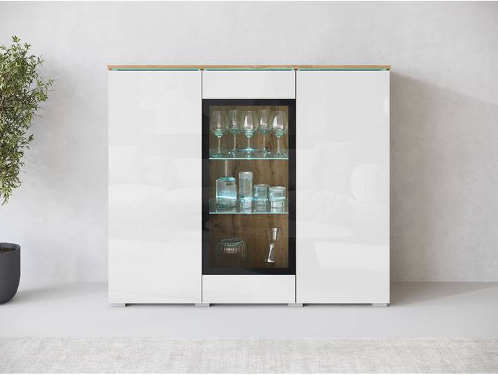 Highboard HOME AFFAIRE Vera , votaneichefarben, weiß hochglanz, B:120cm H:103,3cm T:39,5cm, Sideboards, Highboard, Highboard mit 4 Türen, 9 Fächern, verglasten Türen
