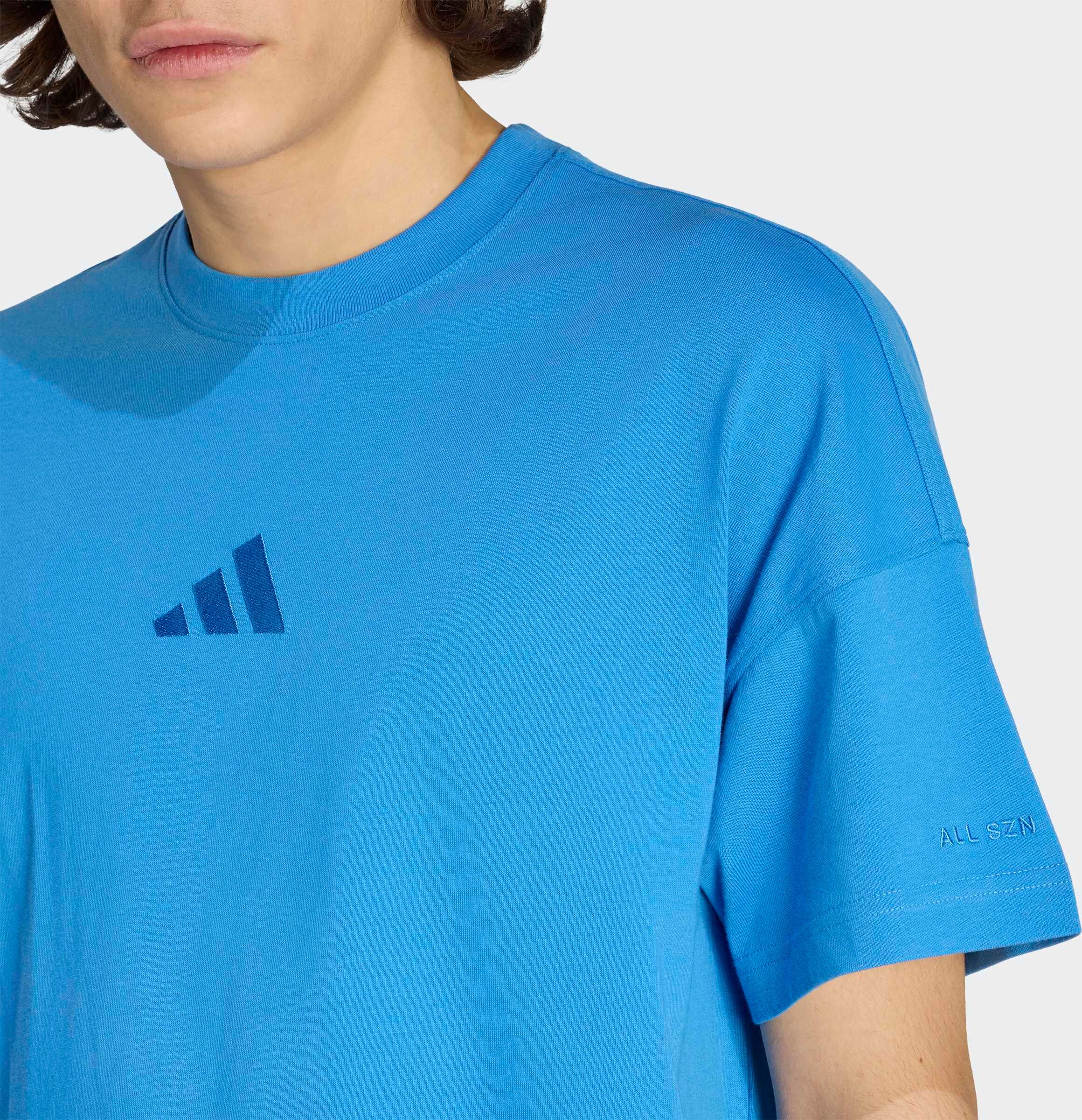 T-Shirt ADIDAS SPORTSWEAR "ALL SZN", Herren, Gr. S, blau (ray blau), Obermaterial: 100% Baumwolle, normal, Rundhals, Shirts T-Shirt, mit sportlichem Stil, Kurzarmdesign, ohne Verschluss, aus Baumwolle ray blau S