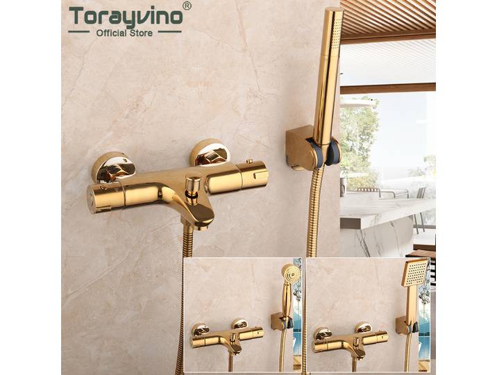 Torayvino-Poignée de douche thermostatique dorée, ensemble de chlore, baignoire murale, robinet d'eau froide et chaude pour centres commerciaux