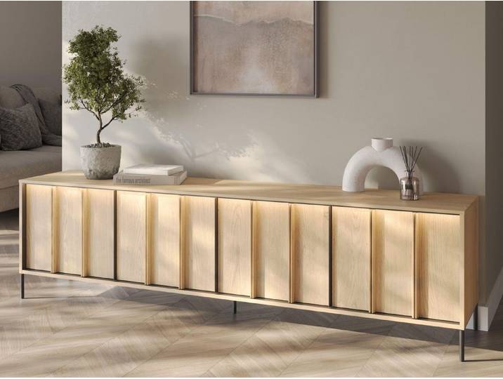 Compleo TV-Schrank mit 4 Türen und LED, Japandi stil Fernsehschrank, TV-Schrank mit Lamellen