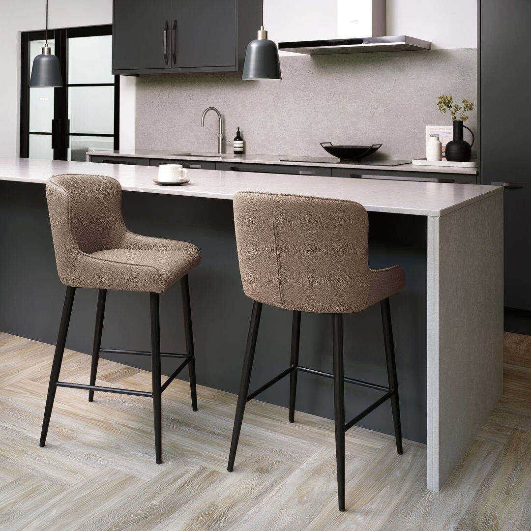 17 Stories RUBENS UPHOLSTERED BARSTOOL - BOUCLE FABRIC - BLACK SAND POWDER COATED LEGS (PAIR) Brown 97cm H X 51cm W X 54cm D