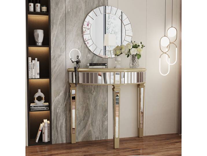 Table console demi-lune avec miroir argenté, table d'entrée moderne pour salon