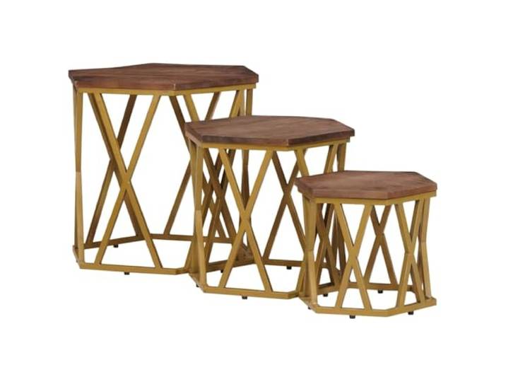LASWWQMRF Couchtisch 3er Set Sechseckig Stapelbar Massivholz Mango Braun Sechseckiges Design mit goldener Metallstruktur für moderne Wohnzimmer, platzsparend ineinander stapelbar.