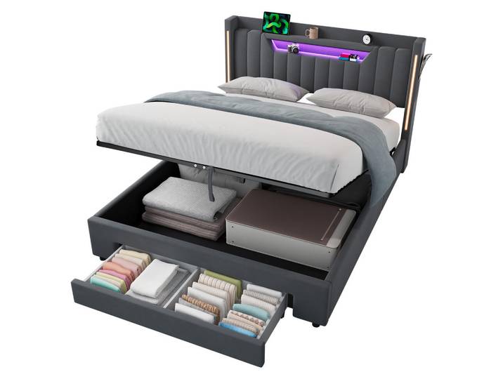 Modfu Polsterbett 140x200 cm Dunkelgrau aus Samt mit LED-Beleuchtung, Stauraum, Schublade und Ladeanschluss, 140x200 cm, Schlafzimmer, Betten, Polsterbetten