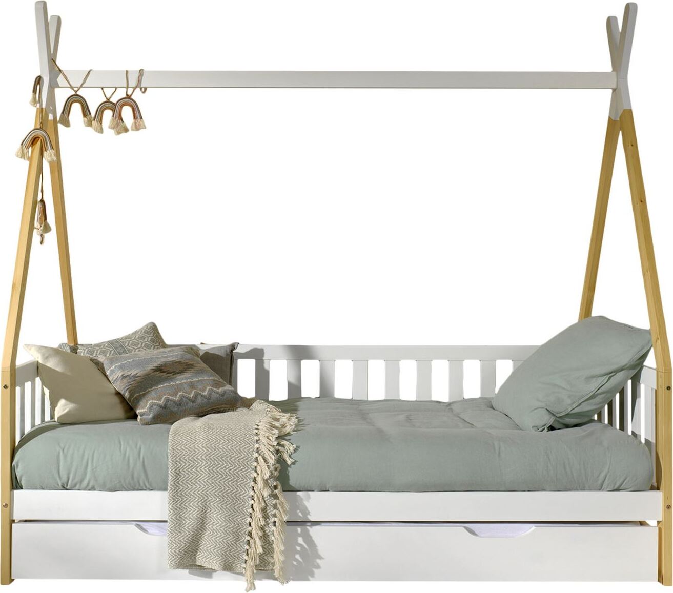 Zeltbett Karyn 6 206x96x185 Kinderbett Massivholz Weiß/natur
