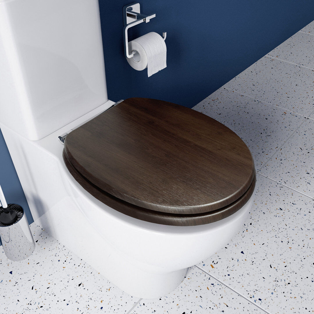 Croydex Montoro Flexi-Fix Soft Close Wooden Toilet Seat - Quick Release Button for Easy Cleaning and Adjustable Hinges with Top and Bottom Fixings, An Brown 5.8cm H X 37.8cm W X 47cm D