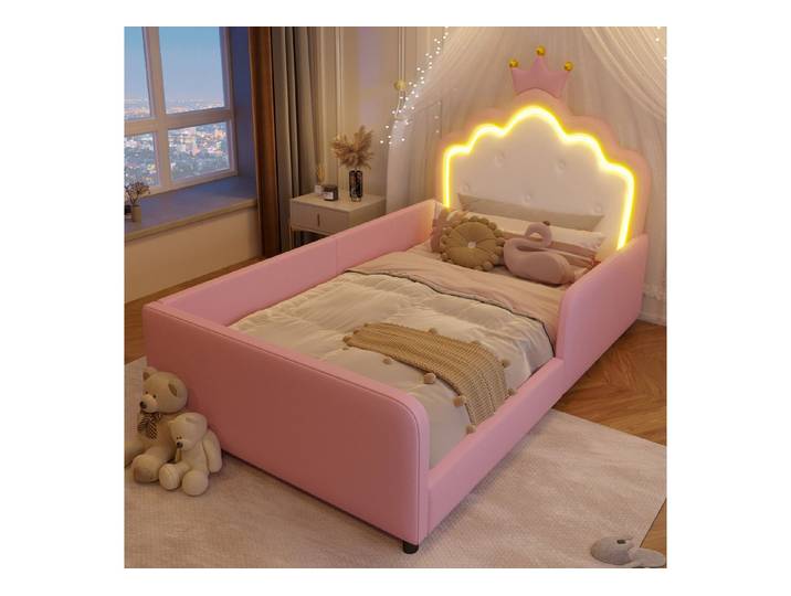 Flieks Polsterbett Prinzessinnenbett in Kronenform, Kinderbett 90x190cm mit LED-Lichtleiste und Sicherheitsgitter