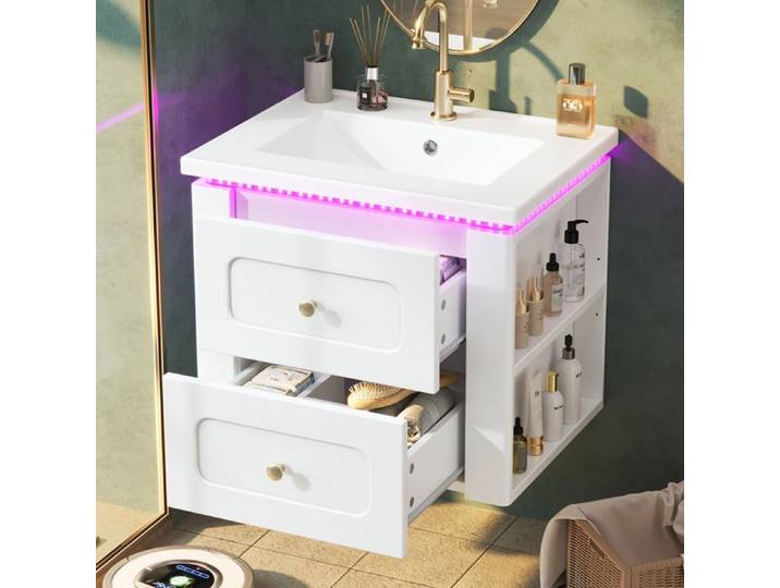 MEUBLIV Meuble sous vasque mural 61 cm blanc brillant 2 tiroirs LED app vasque céramique