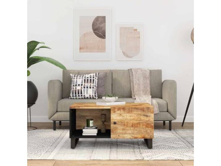 Couchtisch 80x50x40 cm aus Massivholz Mango & Holzwerkstoff mit Stauraum Massives Mangoholz, verschleißfest, zwei Fächer, Türfach, Montageanleitung enthalten, einzigartige Farbvariation