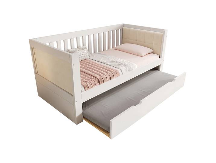 Redom Polsterbett 90/200 cm mit Ausziehbett 90/190 cm, Lattenrost und gepolsterter Rückenlehne, Weiß, 90x200 cm, Schlafzimmer, Betten, Polsterbetten