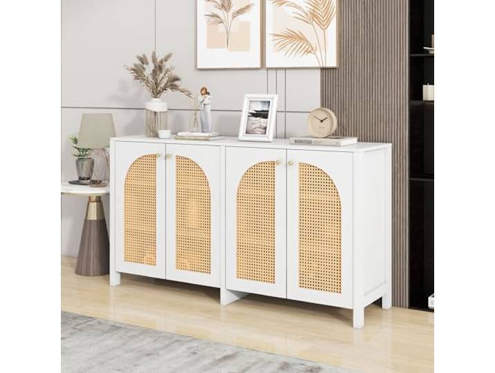 Merax Sideboard mit 4-Rattantür, Moderne Buffetschrank Mehrzweckschrank mit viel Stauraum, Verstellbare Ablage, Beistellschrank für Wohnzimmer, Esszimmer, Flur, Küche, Landhausstil, Weiß, 145x40x80cm