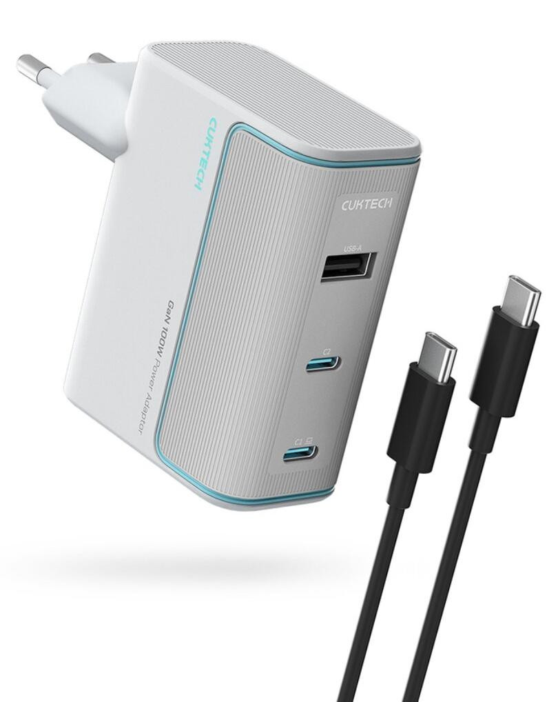 Cuktech AD1003EU 100W GaN wandlader met 2x USB-C en 1x USB-A poort, inclusief kabel – Wit
