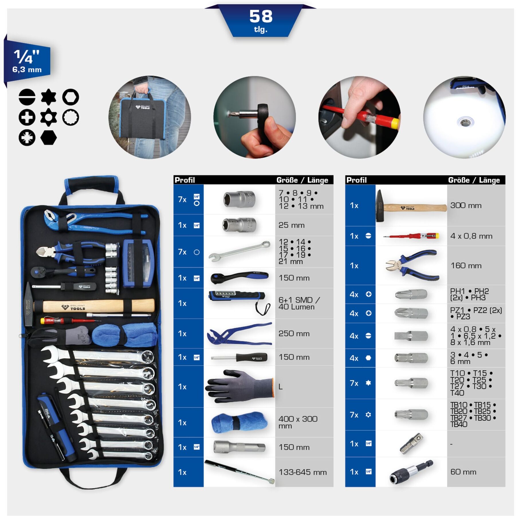 Brilliant Tools Werkzeug-Nylontasche, 58-tlg mit Reißverschluss und Tragegriff, BT024064)