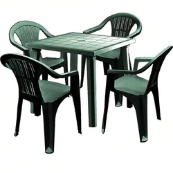 Sicignano 4er-Set Ratak-Sessel mit 80x80cm grünem Wochenendtisch (quadratisch).