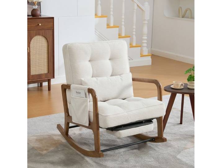 WUVRIE Fauteuil à bascule avec repose-pieds escamotable velours côtelé beige dossier réglable 3 positions