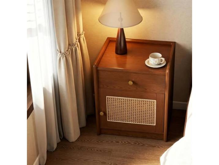 Wrhnkf Rattan-Nachttisch mit verstecktem Safe und Schubladen, Beistelltisch aus Holz mit Stauraum, Boho-Nachttisch fürs Schlafzimmer(Walnut Wood)
