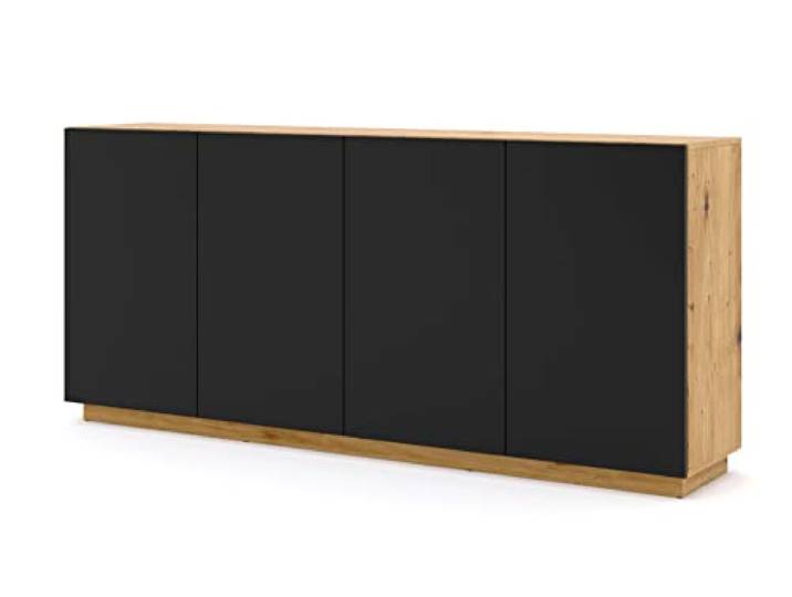 BIM Furniture Kommode Aura – Sideboard 41x198x89 cm mit 4 Türen, Wohnzimmerkommode, Viel Stauraum, Modern, Grifflos – Artisan Eiche/Mattschwarz
