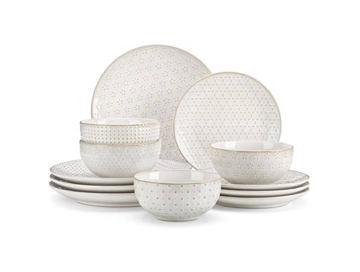 MALACASA LYDIA Geschirrset 4 Personen, Tellerset 12-tlg Steingut, Beige Vier Reliefmuster, Speise-, Dessertteller & Müslischalen, Spülmaschinenfest, Mikrowellengeeignet, Kratzfeste Glasur