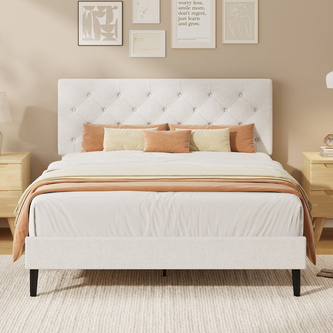 Rebrilliant Bed Frames with Button Tufted Headboard, Linen Upholstered Bed with Wooden Slats Support White 135x190