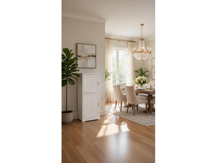 Highboard Geriffelt 59 x 142 x 46cm Türanschlag links Weiß/Pinie Weiß