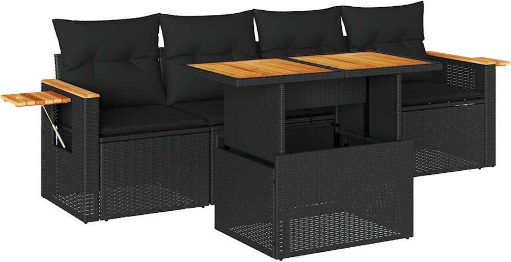 5tlg. Garten-Sofagarnitur mit Kissen Schwarz Poly Rattan Akazie