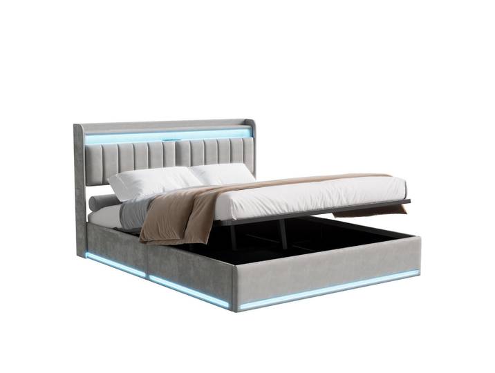 Shopentra Polsterbett 160x200 Grau Samt LED Usb, 160x200 cm, Schlafzimmer, Betten, Polsterbetten