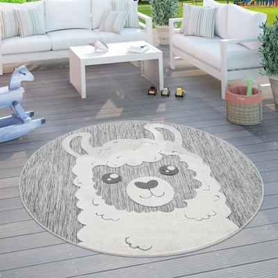 Paco Home Round Kids Rug Llama Motif with Contour Cut in Mottled Grey