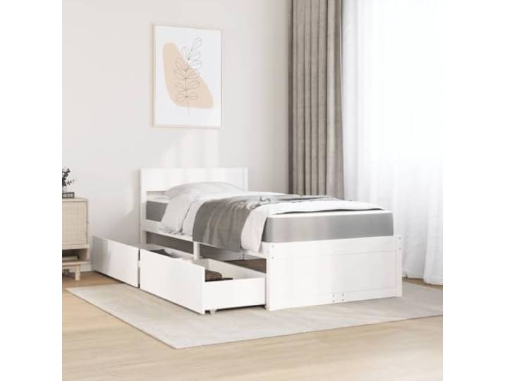 KTHLBRH Bett mit Schubladen und Matratze, weiß, 90 x 200 cm, Massivholz Taschenfederkernmatratze, atmungsaktives Gewebe, inklusive Lattenrost, 2 Schubladen