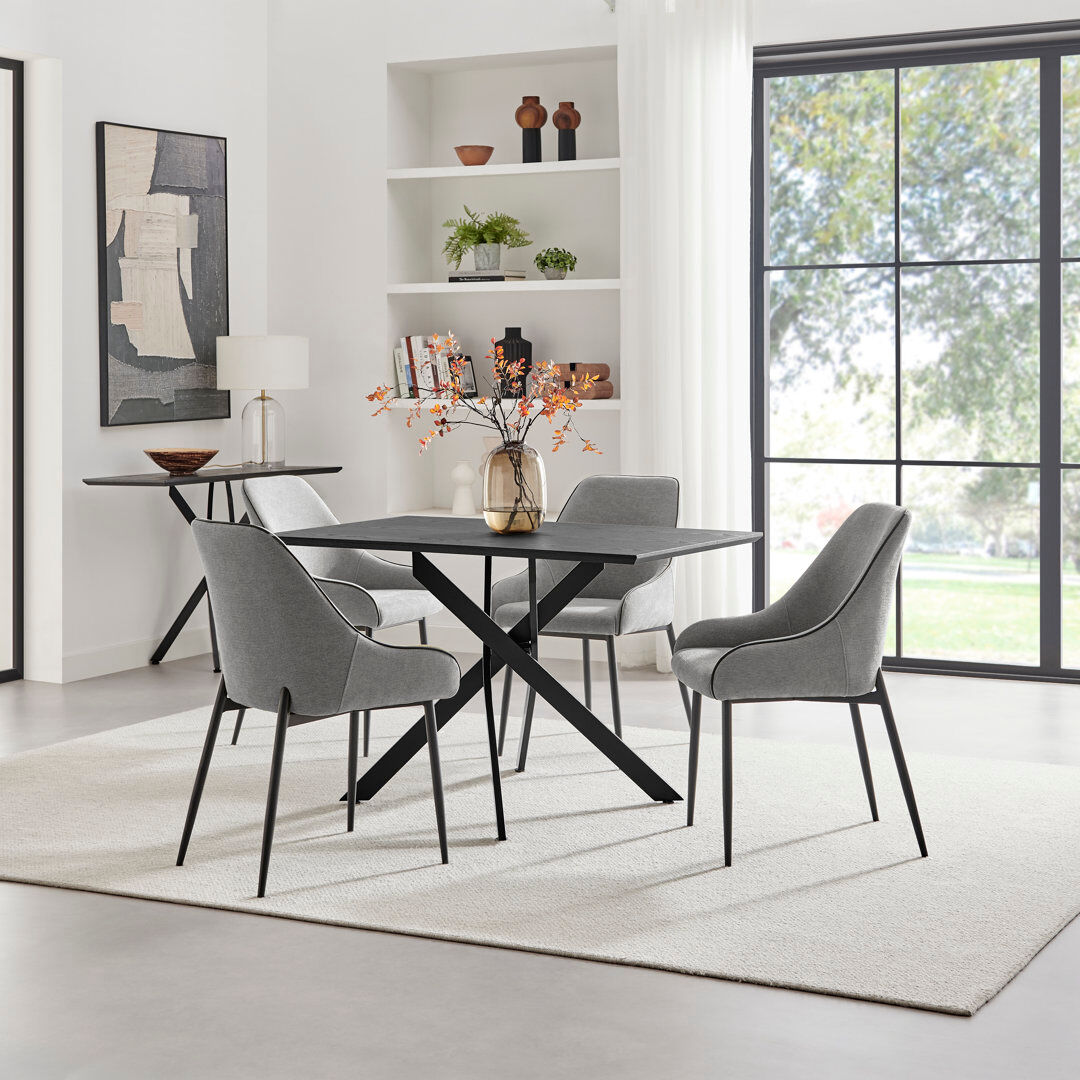 George Oliver Aminata Veneer & Metal Round Dining Table With Ophelia Fabric Chairs - Modern Statement Design Grey 4