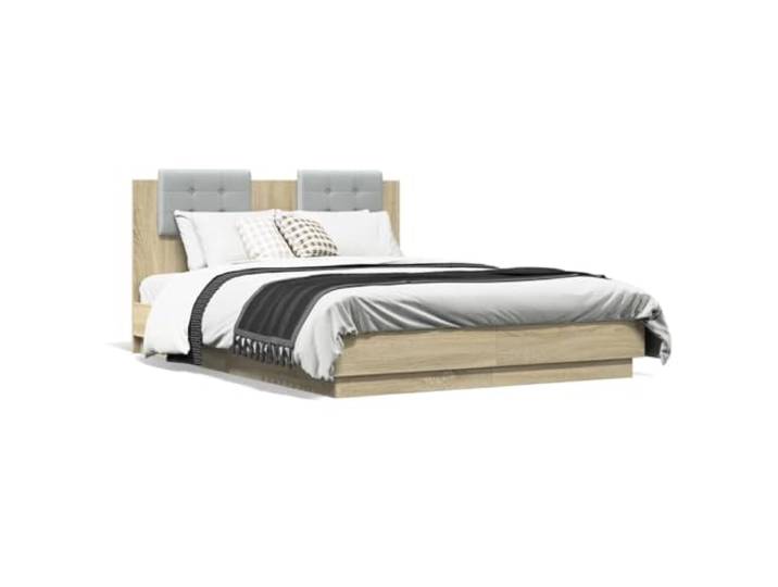 PUGYNBK Bett 135 x 190 cm mit Kopfteil Eiche Sonoma Technisches Holz Kopfteil mit Schaumstoff, Lattenrost im Lieferumfang enthalten, Matratze nicht im Lieferumfang enthalten