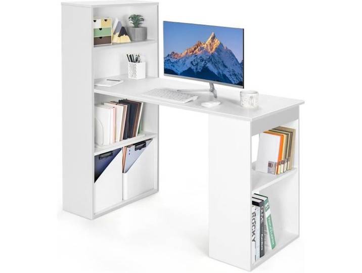 COSTWAY Bureau Informatique avec Rangement et Bibliothèque - Bois - 6 Compartiments - 122x56x122 cm - Blanc - Style Scandinave