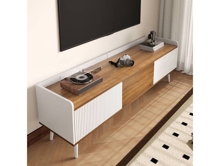 LPOSPI Meuble tv bas compact avec portes et rangement - banc tv design imitation bois naturel moderne 160x39x49 5 cm - blanc